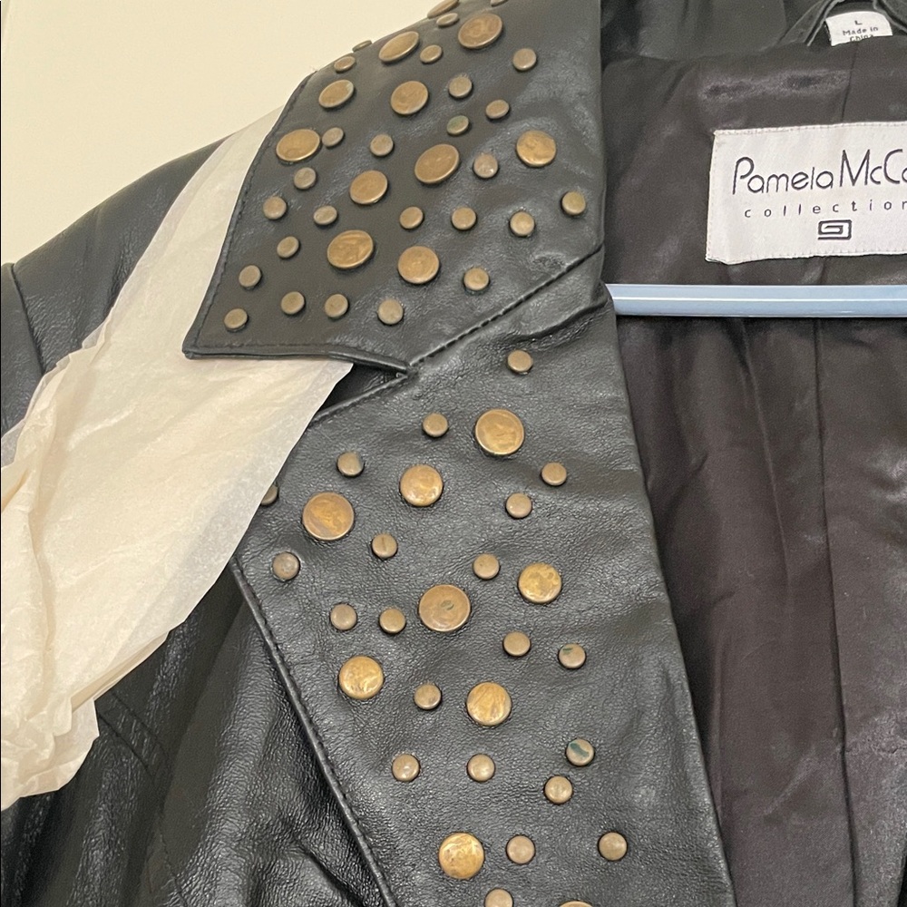 Vintage Pamela McCoy Black Gold Studded Leather Trench Coat - Picture 3 of 10